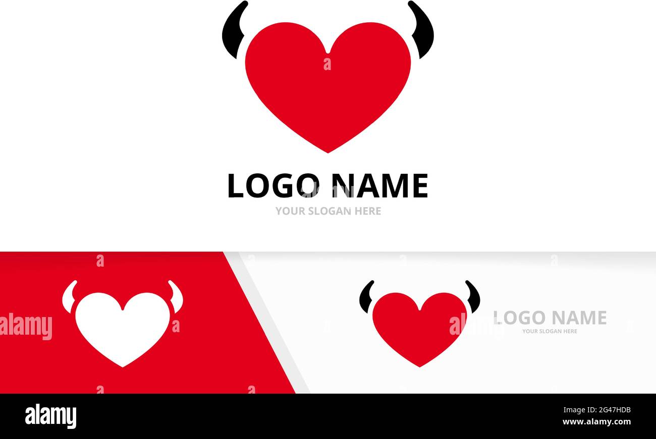 Combinazione di logo cuore e corna. Modello di design del logotipo dell'amore del male. Illustrazione Vettoriale