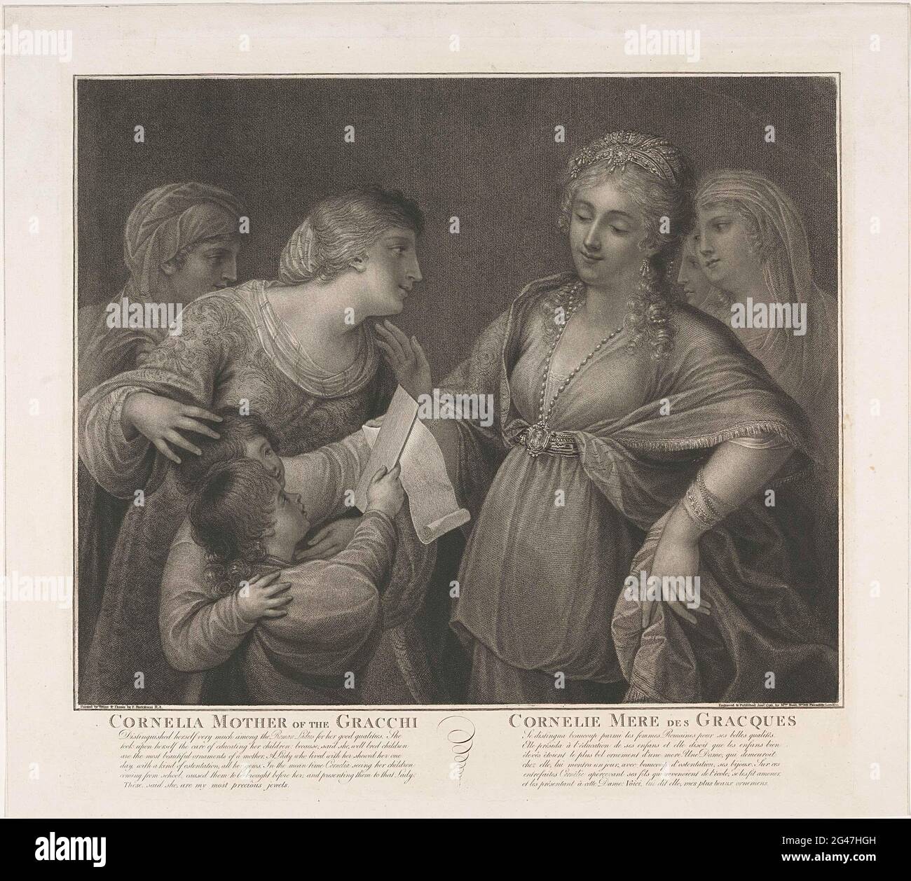 Cornelia Madre di Gracchen; Cornelia Madre dei Gracchi / Cornelie Mere des Gracques. Cornelia Africana, figlia di Publio Cornelio Scipio Africanus Maior e moglie di Tiberio Sempronio Gracchus, circondata da donne e bambini. Nel titolo undermaster e nella didascalia in inglese e francese. Foto Stock