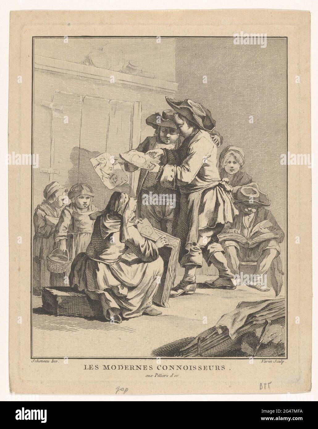 Gli uomini visualizzano le stampe; Les Modernes Connaisseurs Aux Pilliers d'Or. Interni con due uomini che guardano le stampe dal portafoglio di una donna seduta, possibilmente un rivenditore di stampa. Sullo sfondo un uomo che naviga attraverso un album. Collega due bambini. Foto Stock