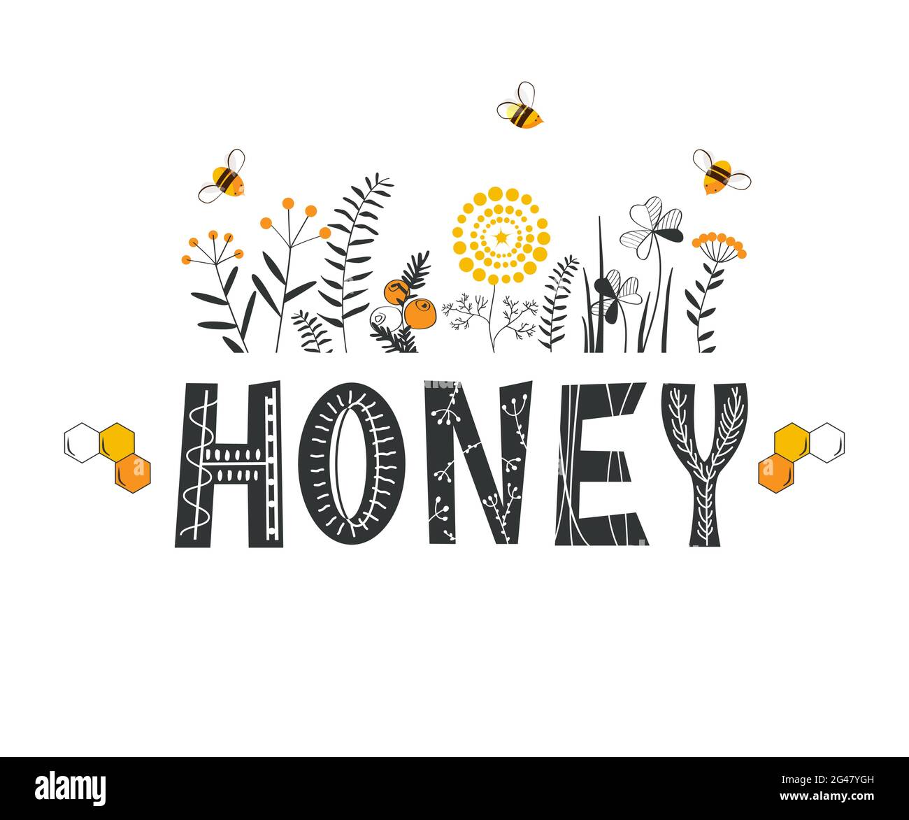 Scritte in miele circondate da api e fiori di doodle. Sfondo vettoriale  stilizzato su sfondo bianco, logo miele Immagine e Vettoriale - Alamy