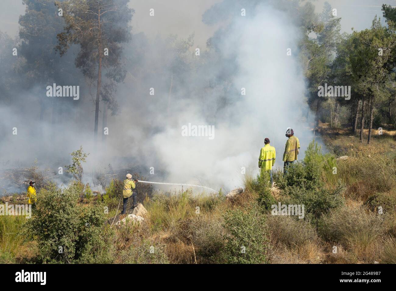 Mevasseret Zion, Israele - 19 giugno 2021: Vigili del fuoco durante un incendio nella pineta al confine con la città vicino a Gerusalemme, Israele. Foto Stock