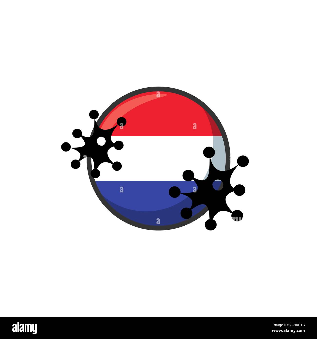 Paesi Bassi colpiti da Coronavirus. Covid-19 impatto a livello nazionale. Attacco di virus sull'illustrazione del concetto della bandiera olandese su sfondo bianco Foto Stock