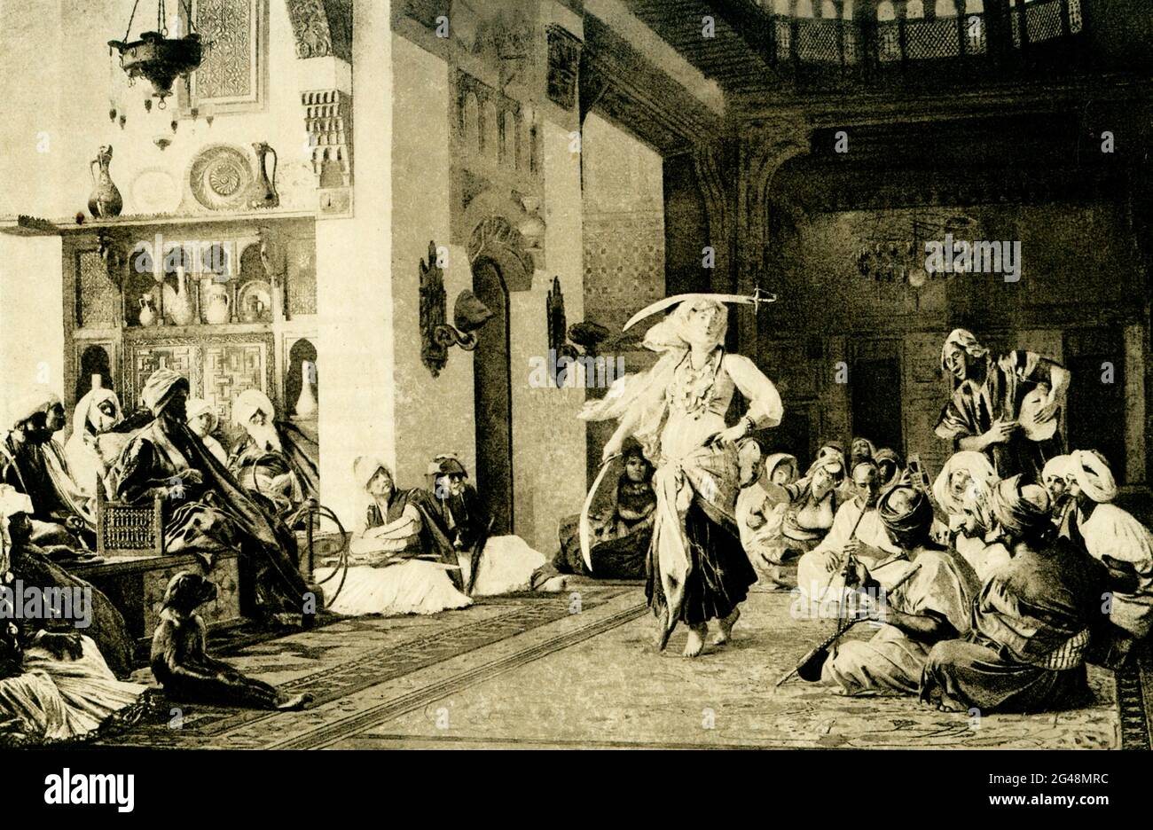 La didascalia sull'immagine del 1904 recita: La Danza delle spade dopo un dipinto di Gerome. Jean-Léon Gérôme Jean-Léon 1824 (1904 –) è stato un pittore e scultore francese nello stile oggi noto come accademia. Foto Stock