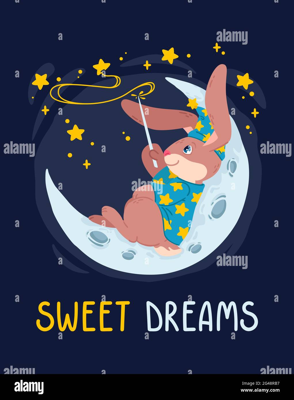 Il mago di coniglio con bacchetta magica fa delle stelle sul cielo che si stendono sulla luna. Il mago di Bunny nel cappello di strega siedono sulla mezzaluna. Sogni dolci. Illustrazione Vettoriale