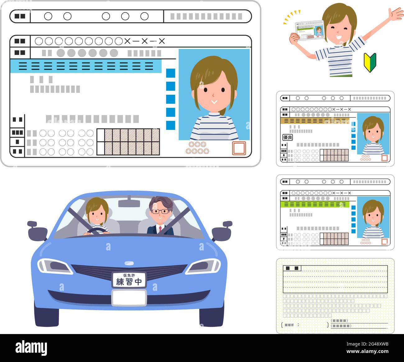 Un insieme di donne di moda casual che ottengono un driver's License.IT's arte vettoriale così facile da modificare. Illustrazione Vettoriale