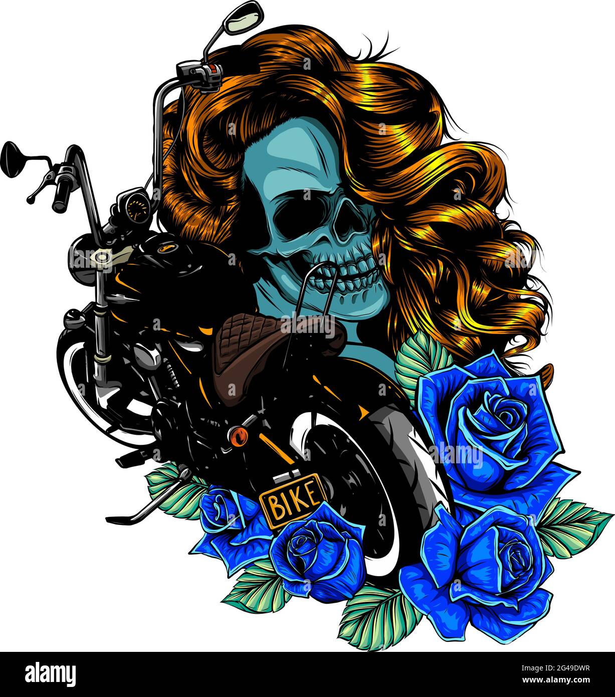 Illustrazione vettoriale Moto con cranio donna e rose Illustrazione Vettoriale
