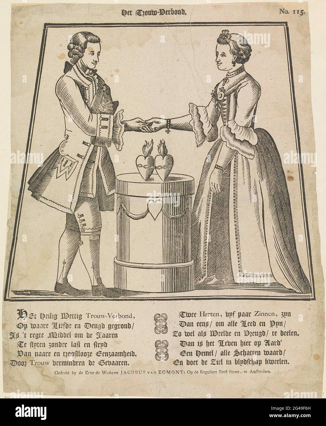 Il patto leale. Una coppia si dà la mano sopra una colonna di sacrificio con cuori brucianti. Sotto la mostra una disposizione dodici fresco in due colonne. Numero in alto a sinistra: N. 115. Foto Stock