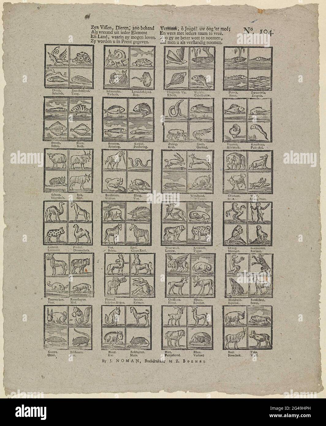Essere pesci, animali; Zoo conosciuto / come strano da ogni elemento [(...)]. Foglia con 24 spettacoli di quattro animali, come pesci, scimmie e roditori. Sotto ogni immagine i nomi degli animali mostrati. Numerato in alto a destra: N. 104. Foto Stock