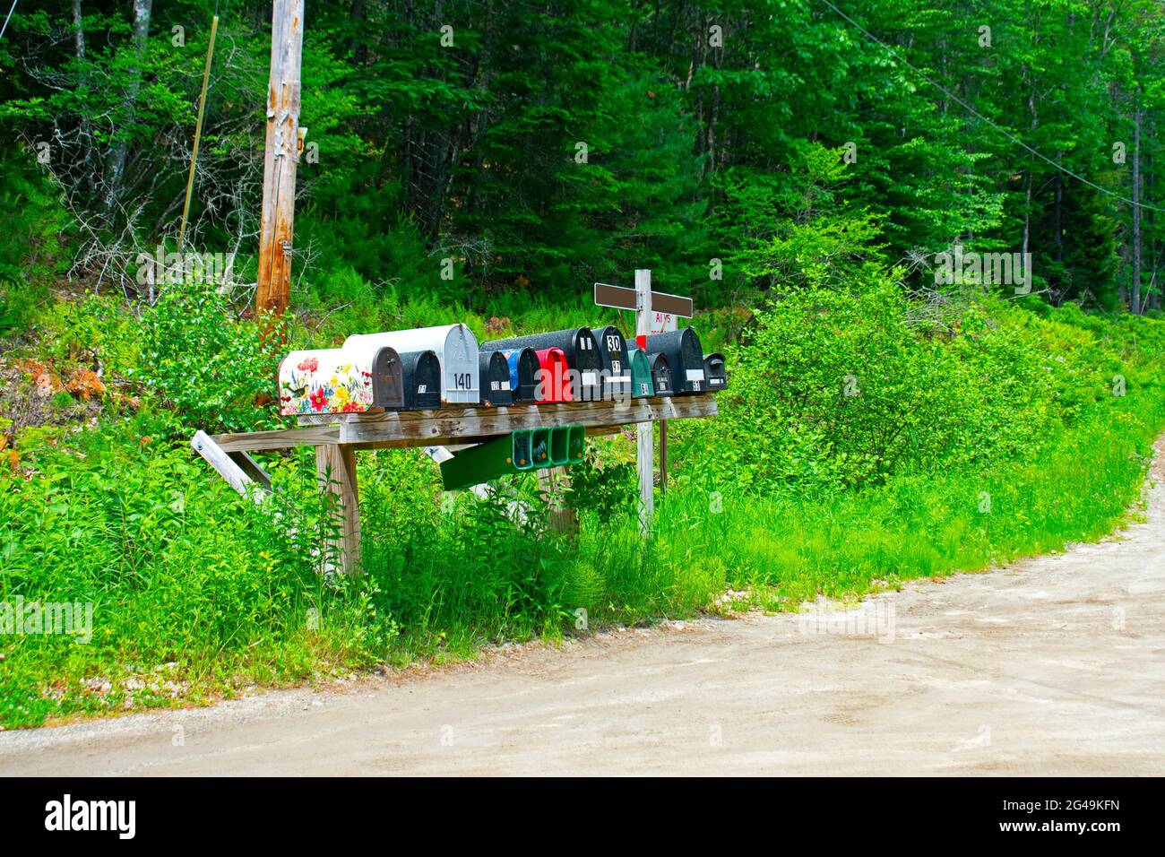 Fila di caselle postali multicolore in un incrocio di strade sterrate nel Maine rurale Foto Stock