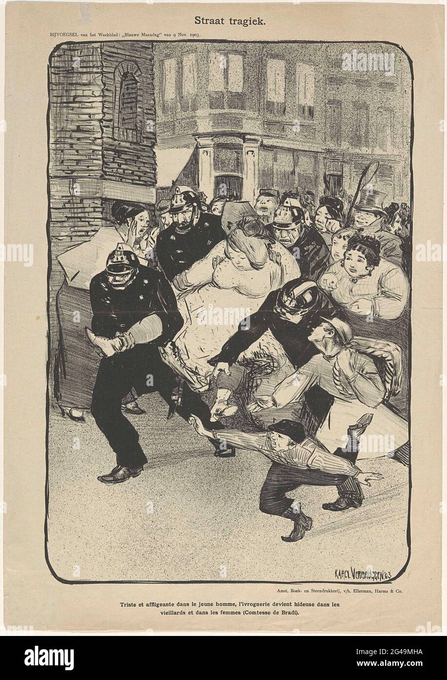 Fumetto sull'intossicazione pubblica, 1903; strada tragica. Cartone animato su ubriachezza pubblica, 1903. Una donna ubriaca viene drenata attraverso il pubblico attraverso quattro ufficiali di polizia. Con didascalia a due gambe. Apparve come un allegato del settimanale 'Blue Monday' del 9 novembre. 1903. Foto Stock