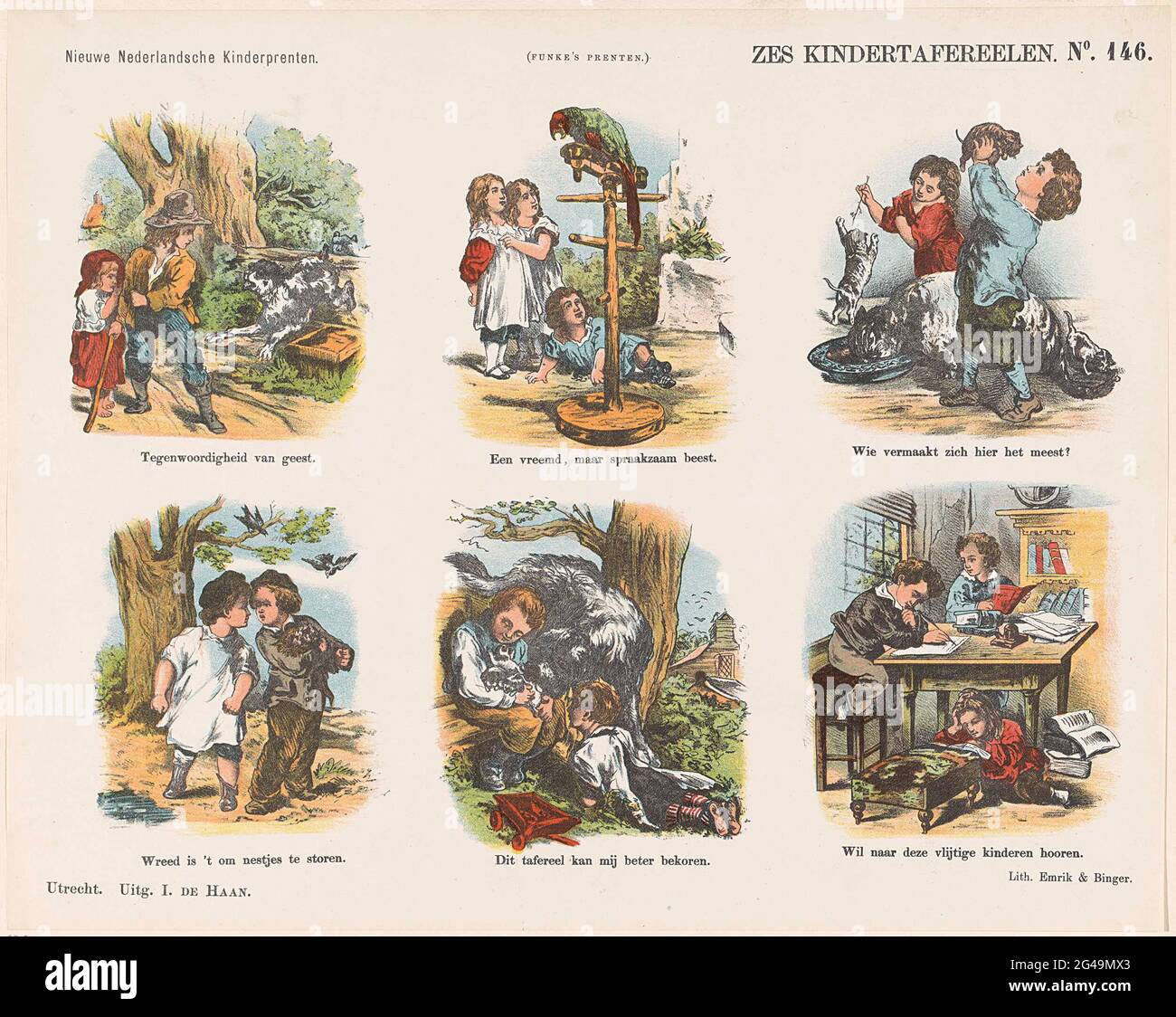 Sei scienze per bambini; stampe neerlandesi per bambini; stampe di Funke. Foglio con 6 spettacoli di scene per bambini, compresi i bambini che giocano con animali e bambini facendo compiti. Sotto ogni immagine una didascalia. Numerato in alto a destra: N. 146. Foto Stock
