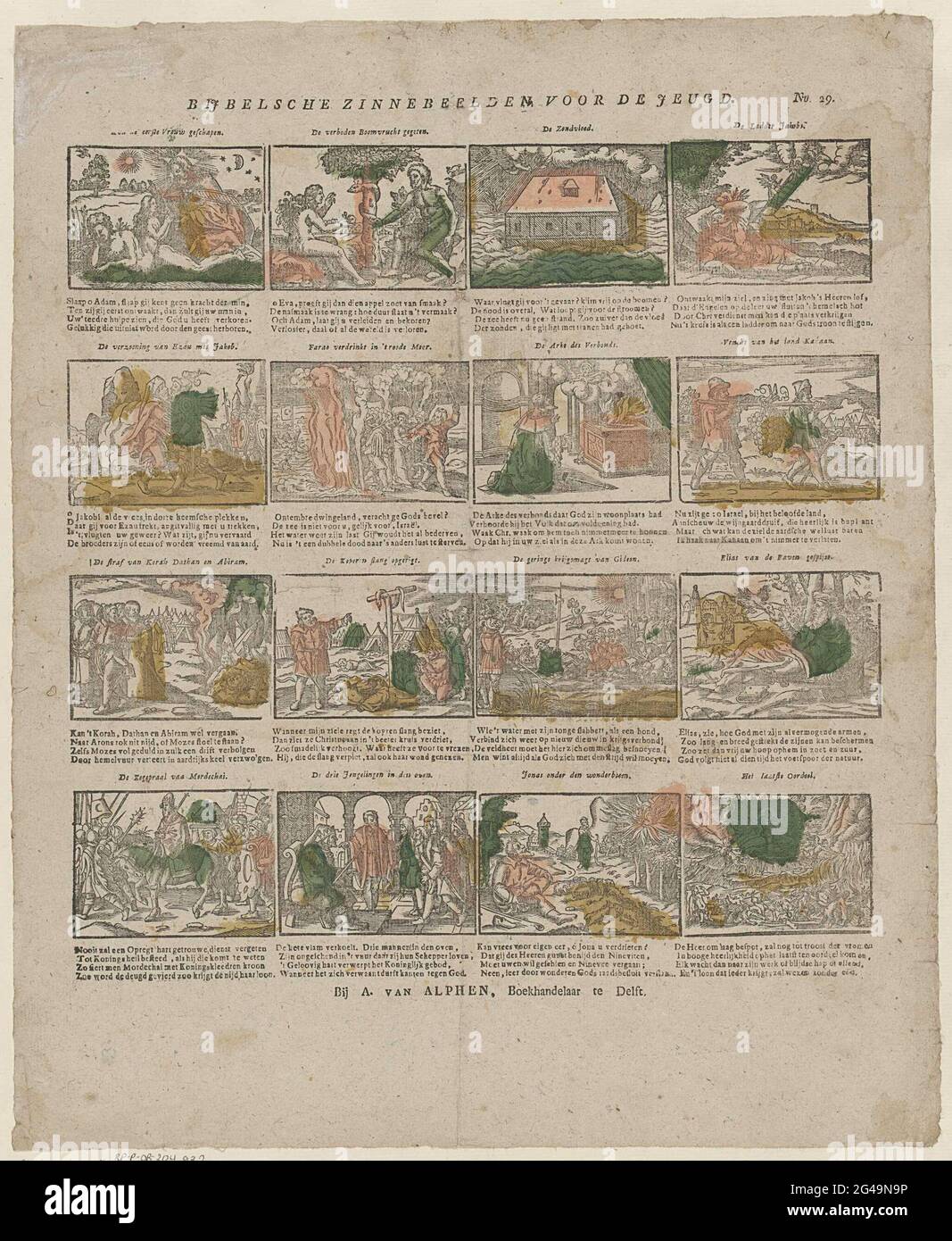 Simboli biblici per i giovani. Foglia con 16 rappresentazioni di storie del vecchio e del nuovo Testamento. Sotto ogni immagine una didascalia, un titolo sopra ogni immagine. Numerato in alto a destra: N. 29. Foto Stock