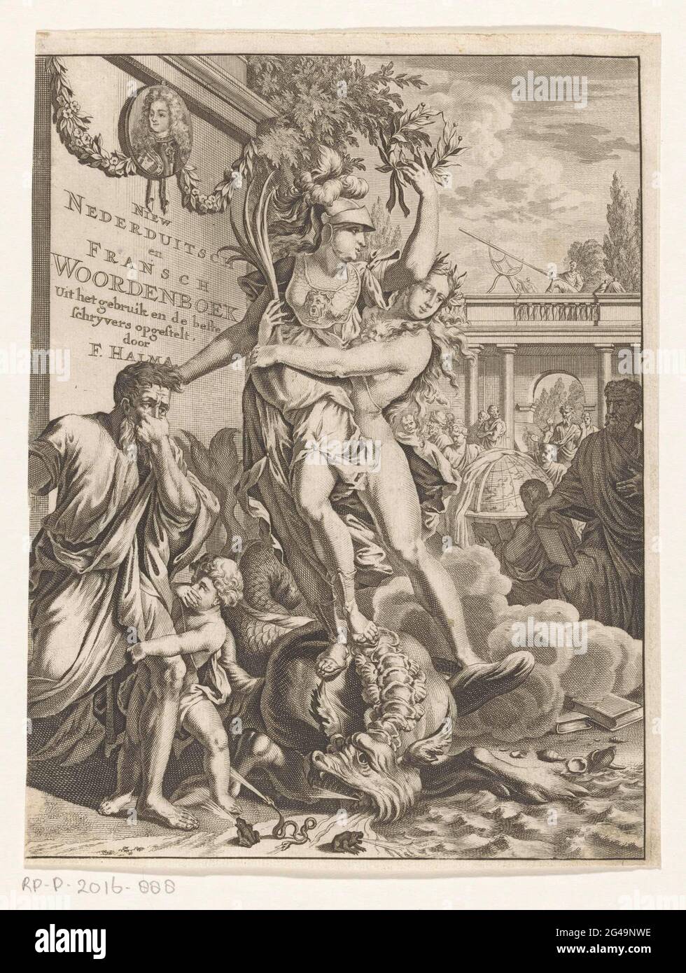 Minerva tramezza mostro marino che accelera il fuoco; dizionario Niew Nederduitsch e Fransch; pagina del titolo per: François Halma, Dizionario della Nederduitsche en Franche Langleen, 1710. Minerva, indossata da Apollo con Zegspalm, calpesta un mostro marino salvafuoco. Sinistra tenendo un uomo e le mani del putto davanti alla bocca. Studiosi di destra in tutto il mondo. Foto Stock