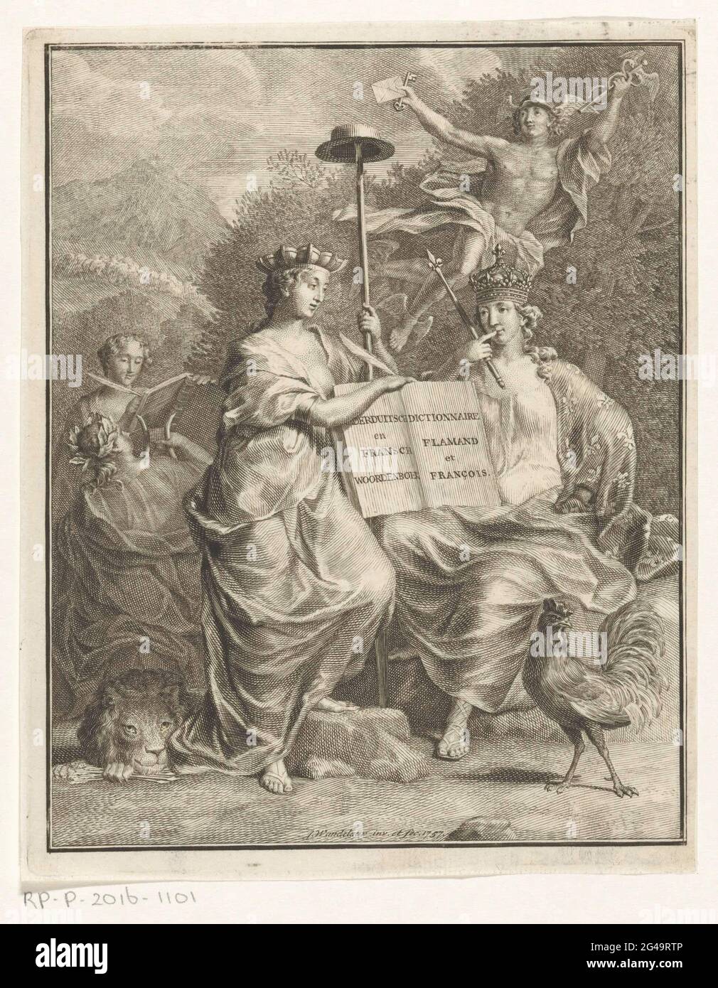 Persone dei Paesi Bassi e della Francia austriaci; Dizionario Nederduitsch e Fransch / Dictionnaire Flamand et François; pagina del titolo per: François Halma, Dizionario Groot Fransch e Nederduitsch, 1761. Nel mezzo si trova la personificazione dei Paesi Bassi austriaci con una corona da muro e uno staff liberty con cappello. Ha un libro gonfetto con il titolo abbreviato. Ai suoi piedi è un leone con un fascio di frecce. Lasciata dietro di lei una donna gioca un verricello e scrive un'altra donna in un libro. Dall'altro lato del libro aperto è la personificazione della Francia con una corona, uno scettro e un gallo a lei Foto Stock