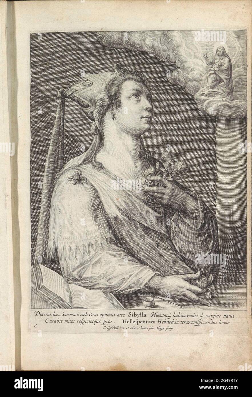 HELLSPUTIC SIBILLE; Sibylla Cimmeria; Sibille. La sibilla ellespontica è seduta a un tavolo. Nella sua mano destra tiene un mazzo di fiori nella sua mano sinistra. Guarda verso il cielo dove Maria appare con il Cristo bambino. Sotto la mostra una didascalia in latino. Questa stampa fa parte di un album. Foto Stock