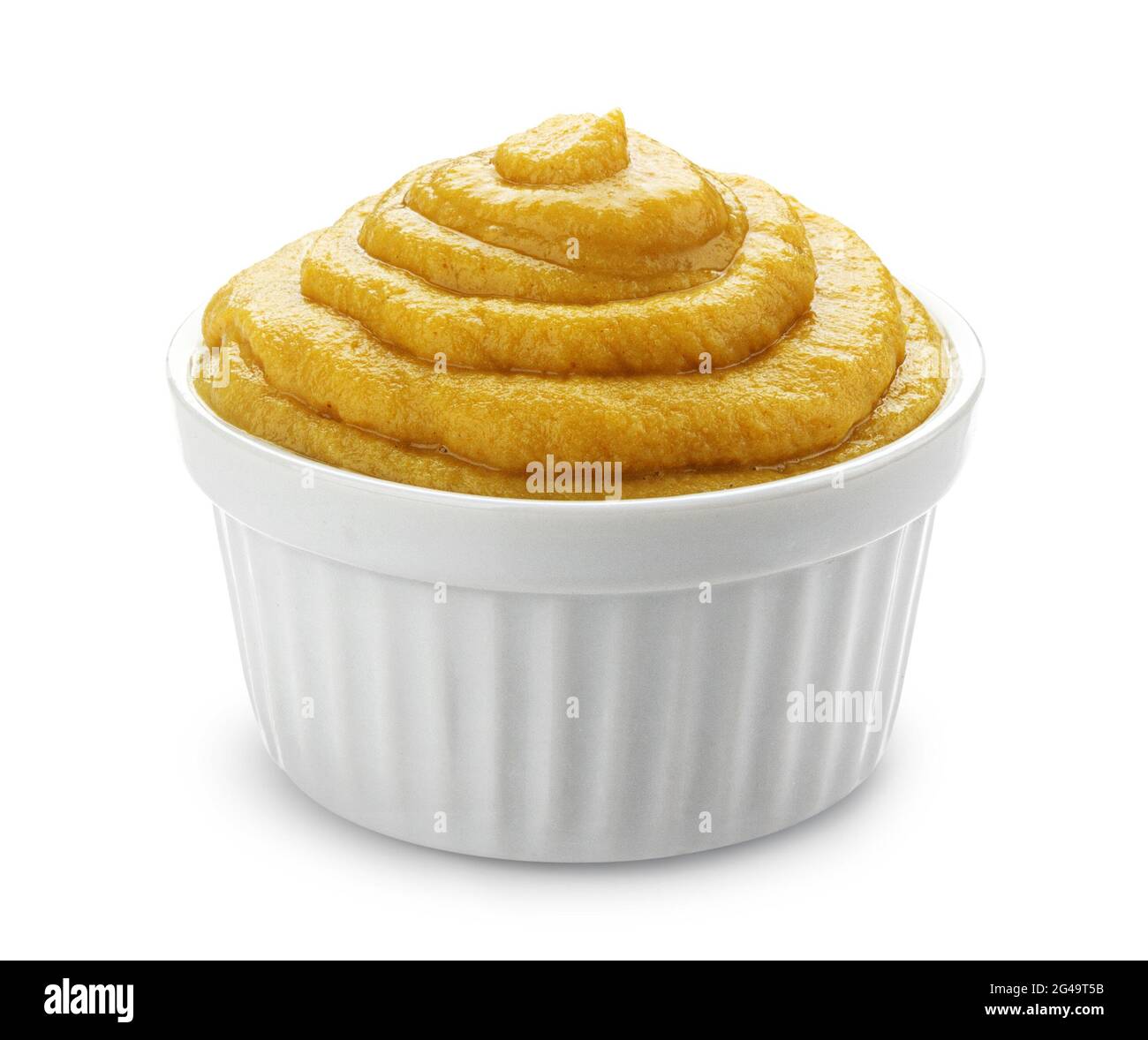 La senape nel recipiente isolato su sfondo bianco Foto Stock