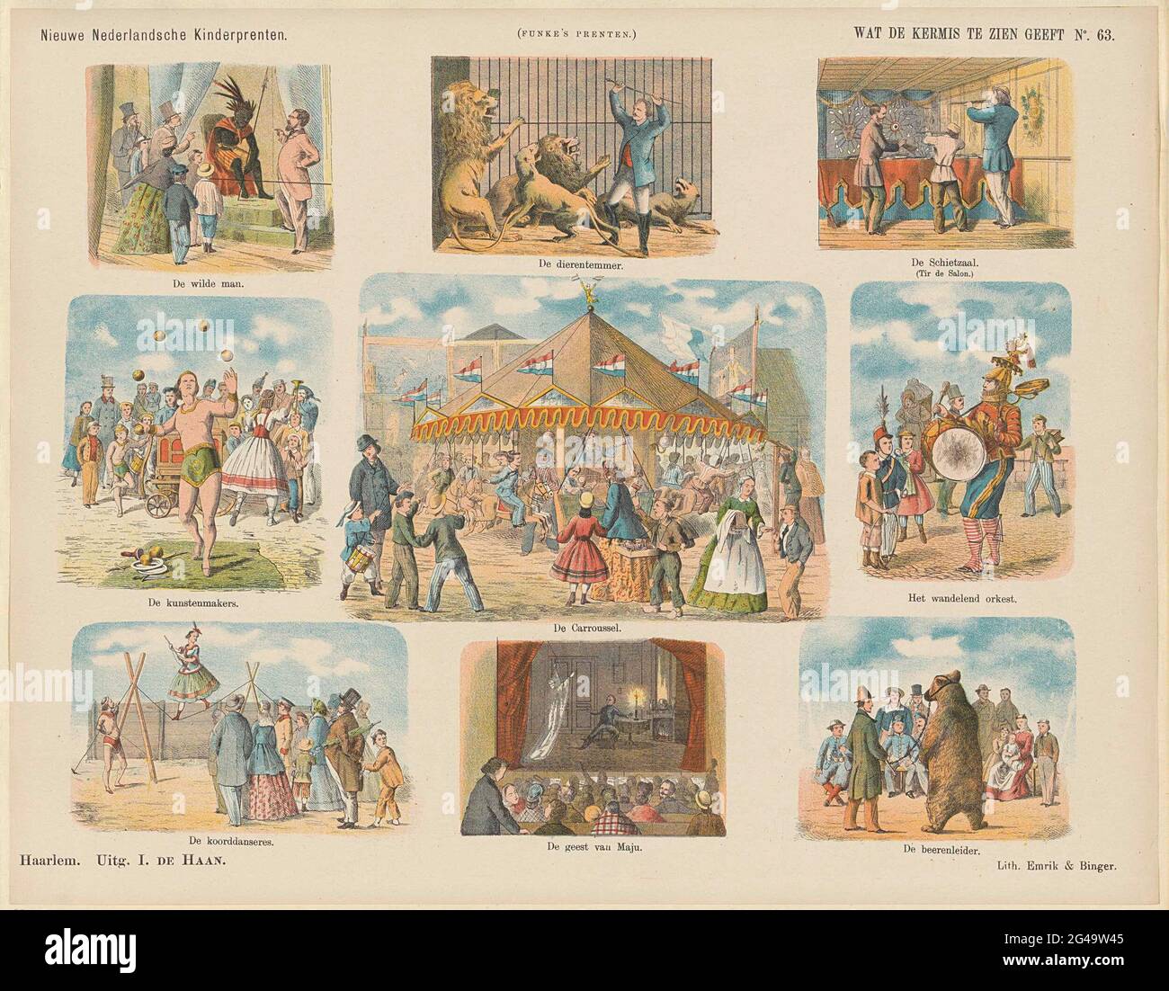 Che la fiera vedere; New Dutch Childrens stampa; le stampe di Funke. Leaf con 9 spettacoli di attrazioni della zona fieristica, tra cui l'uomo selvaggio, il bidone degli animali e la sala di tiro. Sotto ogni immagine una didascalia. Numerato in alto a destra: N. 63. Foto Stock