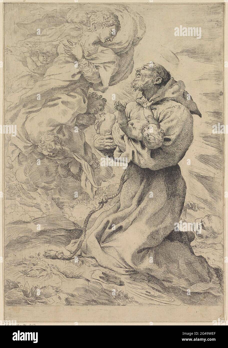 Il Santo Francesco d'Assisi. Maria appare dal sacro Francesco d'Assisi e gli dona il Cristo bambino. Francesco si sta inginocchiando con il bambino fra le braccia. Foto Stock