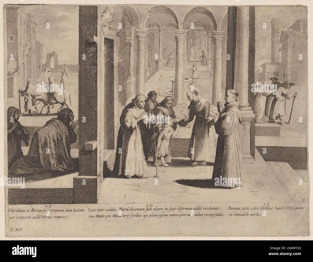 Tre episodi della vita di San Bernardino di Saina; la vita di San Bernardino di Saina. Il santo di Siena Bernardino guarisce un ragazzo che ha dolore in faccia (episodio 22). Collega le persone che pregano al santo Bernardino di Siena (episodio 23). Sullo sfondo a destra Bernardino guarisce una donna malata (episodio 24). Foto Stock