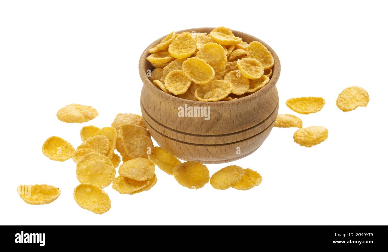 Fiocchi di mais dolci in una ciotola di legno isolata su sfondo bianco Foto Stock