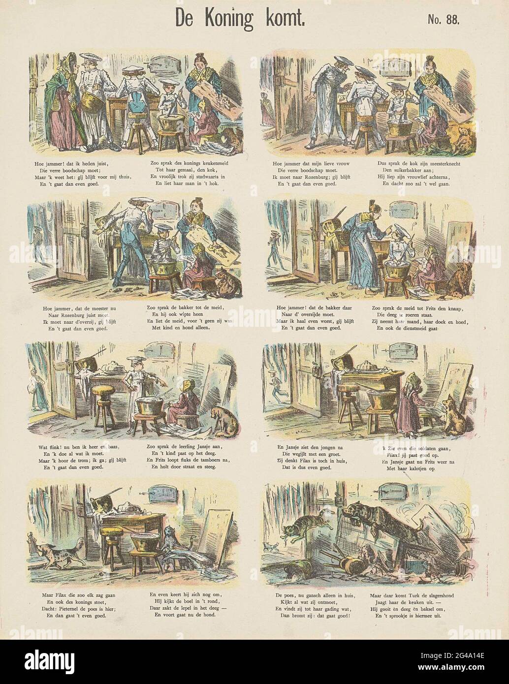 Viene il re; le stampe di Meijer. Foglia con 8 spettacoli dalla storia intitolata: 'Il re viene.' Tutte le persone nella panetteria lasciano una ad una per andare all'arrivo del re. Sotto ogni immagine una didascalia. Numerato in alto a destra: N. 88. Foto Stock