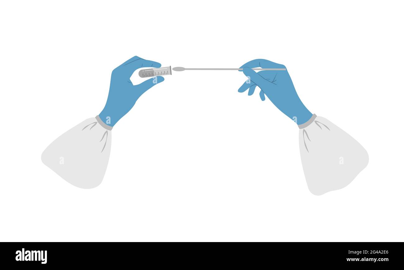 Test PCR. I guanti per uso medico tengono la provetta con il campione. Tampone nasale, analisi di laboratorio dei biomateriali. Covid-19 Coronavirus test per Illustrazione Vettoriale