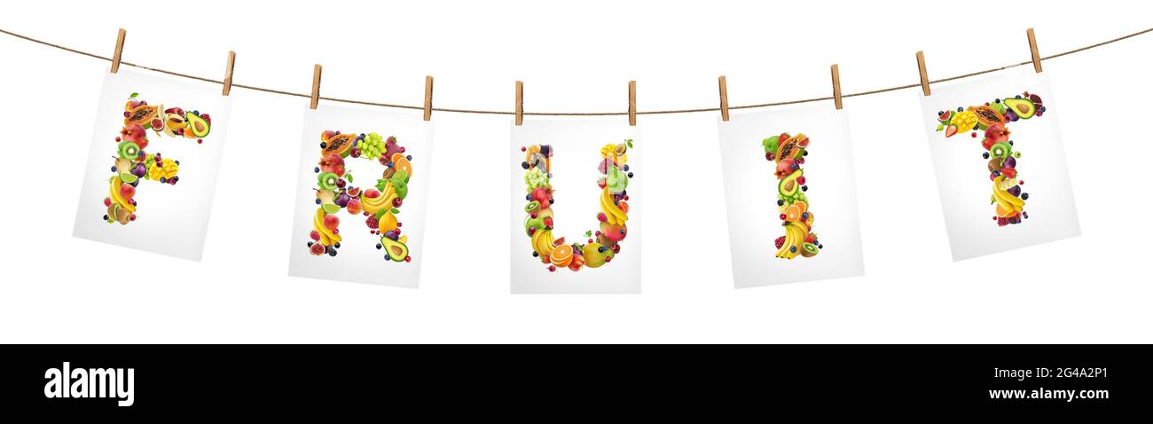 Parola frutta isolato su sfondo bianco, cibo sano concetto Foto Stock