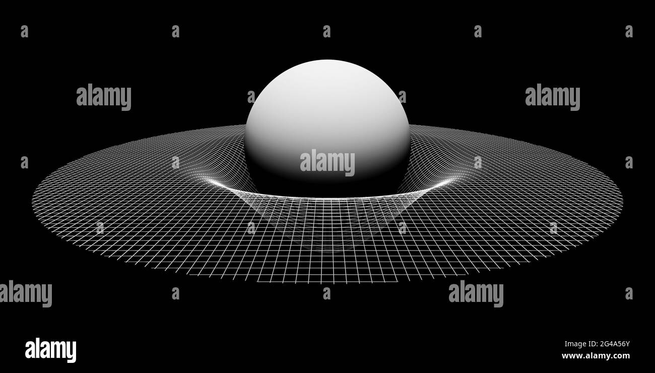 Visualizzazione 3D della distorsione di gravità, oggetti fisici in orbita, spazio, teoria generale della relatività, legge della gravitazione universale, scientifica Foto Stock