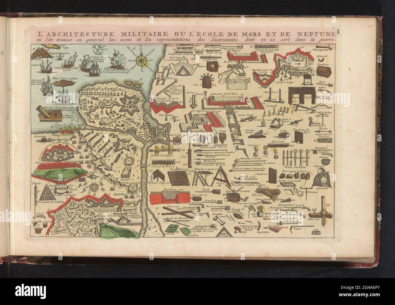 Carta fantasy con arsenale militare per la guerra a terra e in mare, 1735; l'architettura militare ou l'Ecole de Mars et de Neptune (...) Dans la Guerre. Carta fantasy a cui una panoramica di tutte le possibili armi militari, elementi di fortificazione e navi da guerra utilizzati nella guerra del paese e in mare, 1735. Parte di un Atlante con 223 mappe di paesi e città e parcheggio di guerra in Europa nel periodo ca. 1690-1735 . Foto Stock