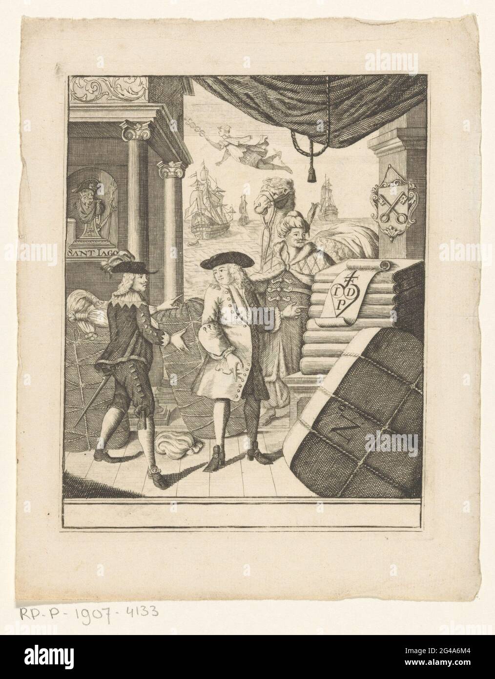 Etichetta commerciale di Leidse Lakenkoopmen. Due uomini di calatura di stoffa stanno accanto al tessuto di Balen. Dietro di loro c'è un commerciante straniero con turbante e cammello. La destra appende l'arma di Leida. A sinistra un busto di James il multiplo in una nicchia. Sullo sfondo navi in mare e Mercurio con caduceo. Foto Stock