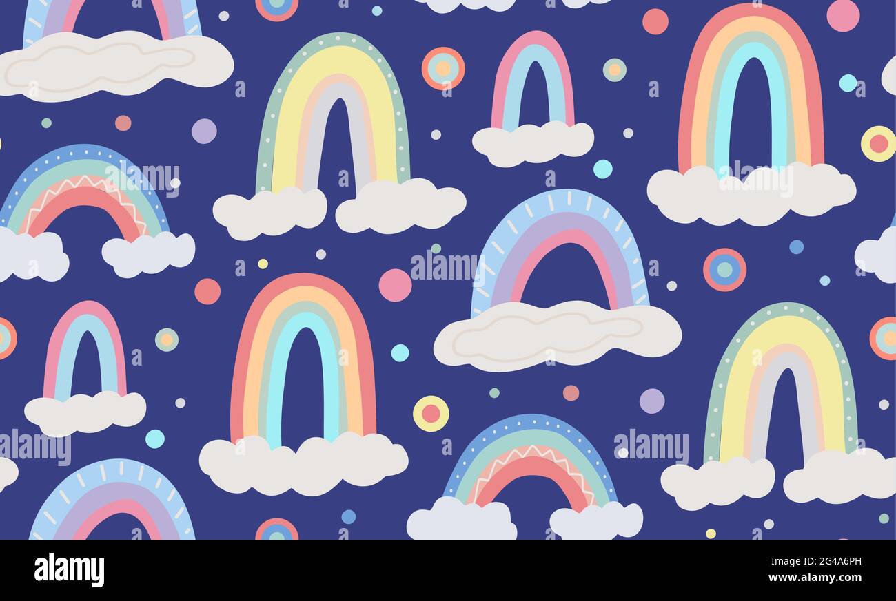 Carino motivo infantile con diversi arcobaleno, nuvola su sfondo blu scuro con punti colorati. Struttura naturale piatta vettoriale. Delicato muro viola cielo Illustrazione Vettoriale