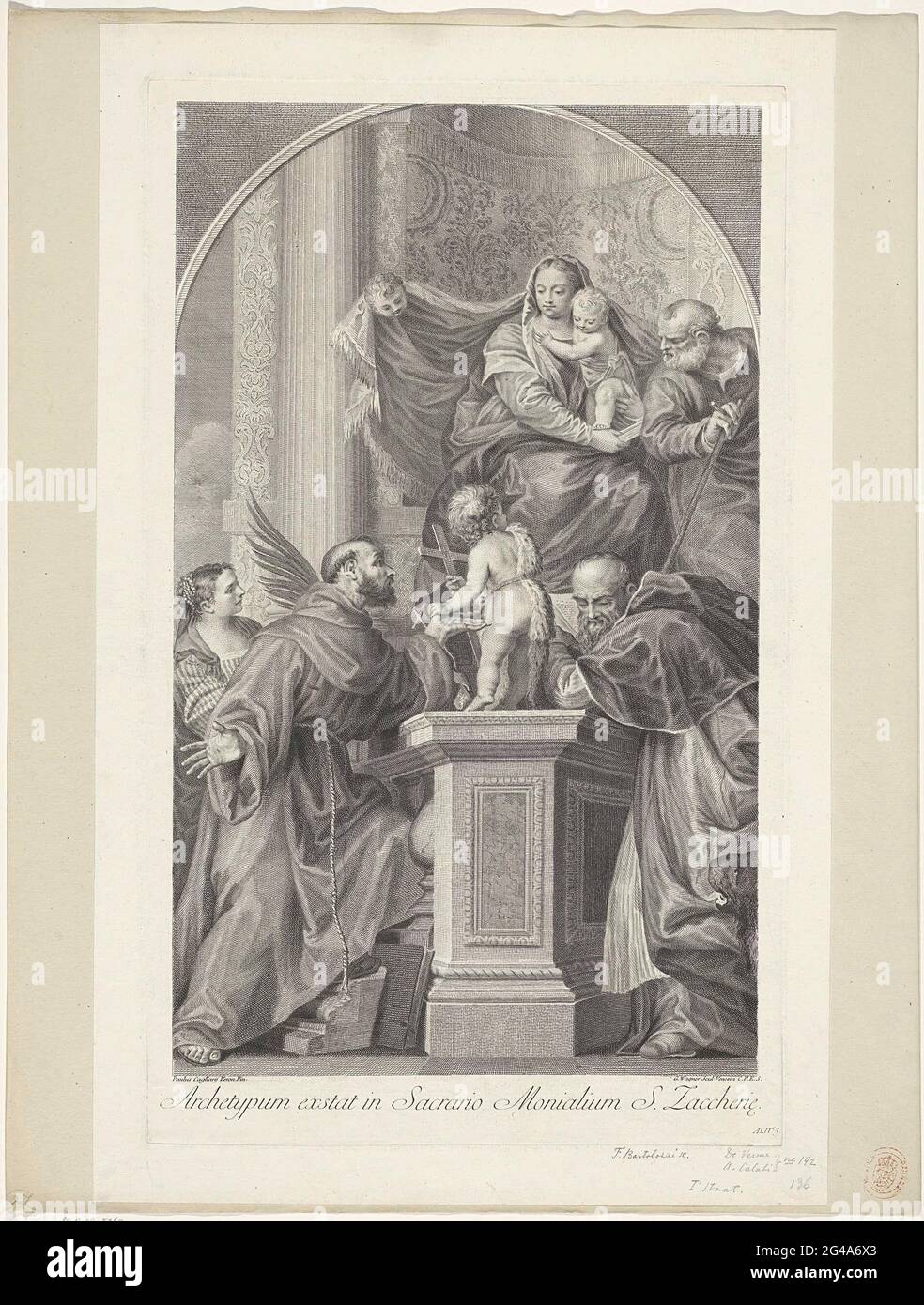 Santa famiglia con santi. La Santa Famiglia è seduta in aumento. Il Cristo bambino è a Maria sul braccio. In primo piano i giovani Johannes sono il Battista, il Santo Ieronimo, il San Francesco e la Santa Giustina. Numerato in basso a destra: AB. N. 5. Foto Stock