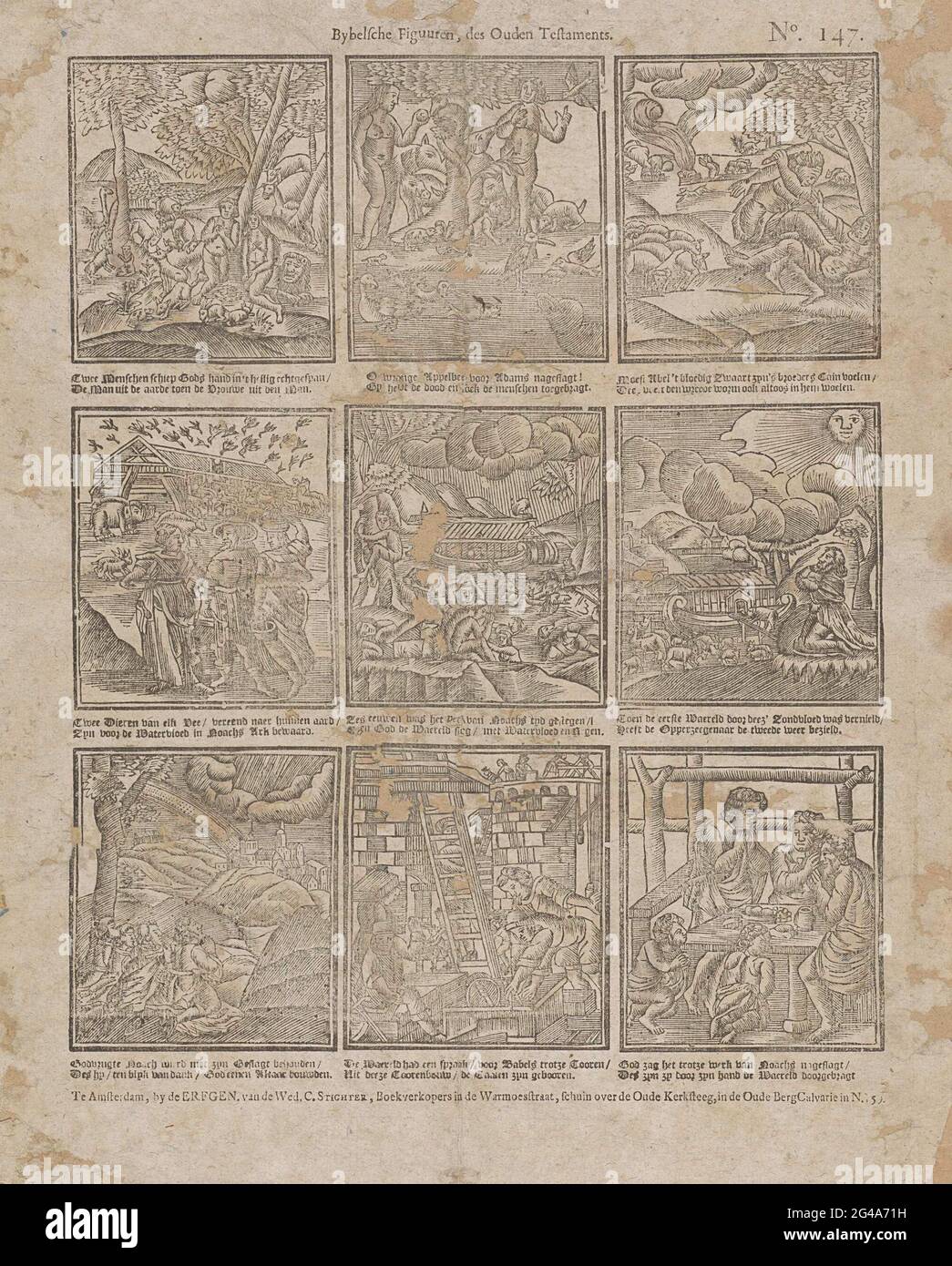 Bybelschefichten, des vecchi Testamenti. Foglia con 9 rappresentazioni di storie dell'Antico Testamento, su Adamo ed Eva e l'alluvione. Sotto ogni immagine un verso. Numerato in alto a destra: N. 147. Foto Stock