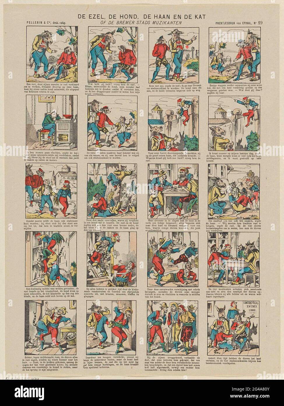 L'asino, il cane, il gallo e il gatto; Stampa da Épinal. Foglio con 20 spettacoli dal rubinetto dell'asino, del cane, del gallo e del gatto: I musicisti della città di Amsterdam. Sotto ogni immagine una didascalia. Numerato in alto a destra: N. 19. Foto Stock