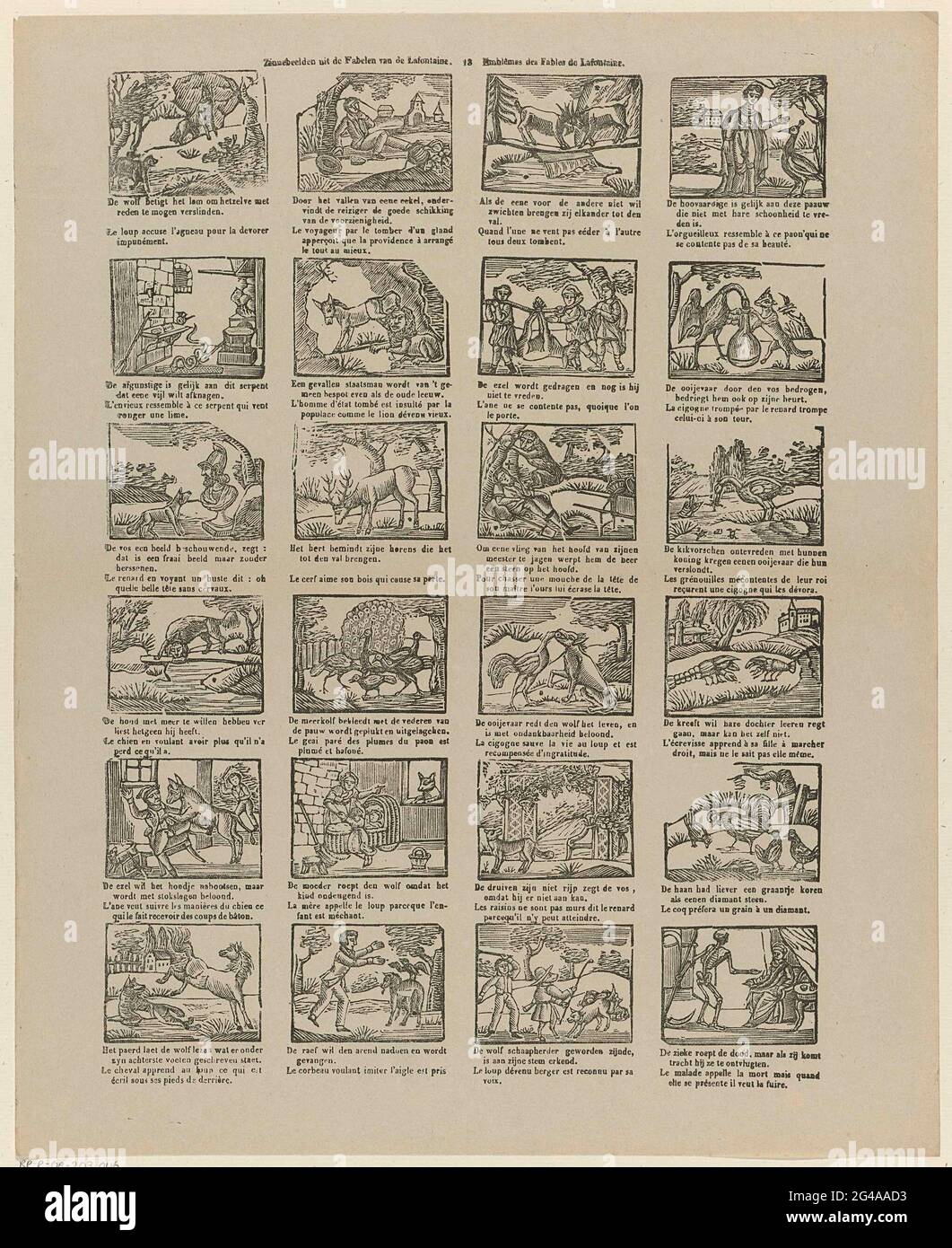 Iscriviti alle immagini delle favole della Lafontaine / Emblêmes des Fables de Lafontaine. Foglio con 24 spettacoli dalle favole di Jean de la Fontaine, in cui gli animali con proprietà umane sono centrali e dove si racconta una moralità. Sotto ogni immagine un fresco a due zampe in olandese e in francese. Centro numerato sopra: 13. Foto Stock