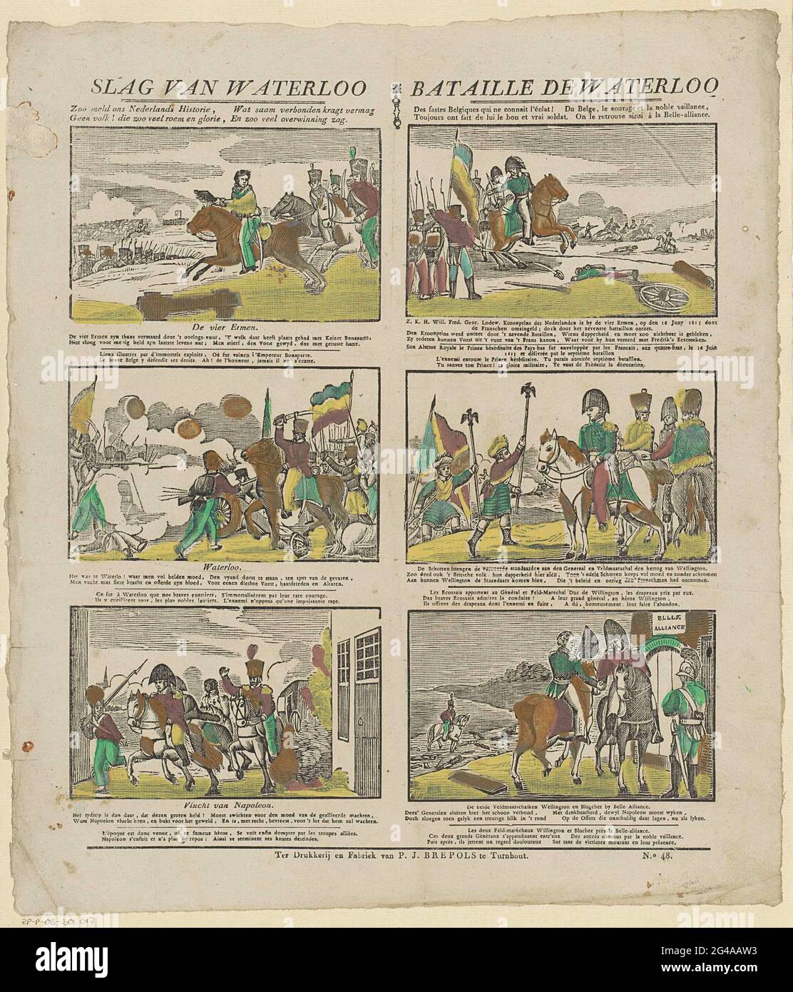 Battaglia di Waterloo / Bataille de Waterloo. Foglia con 6 spettacoli intorno alla battaglia di Waterloo. Sotto ogni performance un versetto di quattro righe in olandese e in francese. Numerato in basso a destra: N. 48. Foto Stock
