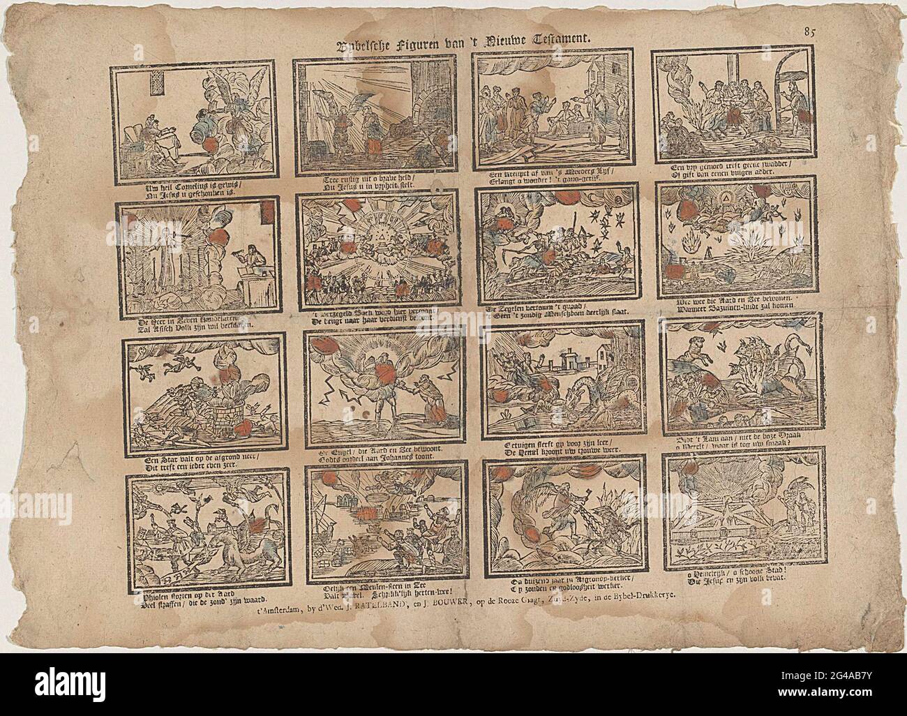 Figure Bybelsche del nuovo Testamento. Foglia con 16 rappresentazioni di storie del nuovo Testamento. Sotto ogni immagine un fresco a due zampe. Numerato in alto a destra: 85. Foto Stock