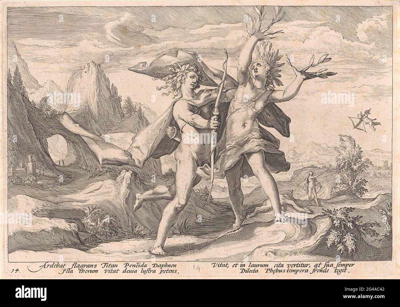 Apollo e Daphne; Metamorfosi da Ovidio. Quando il NiMF Daphne fu infestato da Apollo, che si era innamorato di lei, pregò il padre Peneus per aiuto. Ciò ha fatto la sua figlia emersa al suo attaccante trasformandola in un albero di alloro. Si può vedere il momento in cui le armi di Daphnes si trasformano in rami, mentre Apollo vuole afferrarla. Sullo sfondo Amor che Apollo, al corpo morto di Python, colpisce con una delle sue frecce. Nel undermarge una spiegazione di quattro righe, in due colonne, in latino. Foto Stock