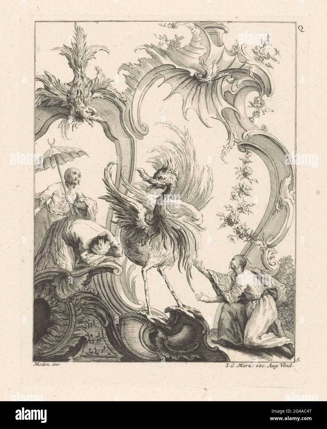 Fantasy bird and unguments; Q Neu Inventierte Vorstellunge von Stein und Muschel Werck mit Chinesischen figures, quartersirty theil / quatriema livre de Formes Rocailles et cartels Ornés le Figure Chinois. Al centro c'è un uccello fantasy, circondato da perle di semi. Sulla destra si inginocchia un uomo orientale. A sinistra c'è un uomo orientale con un parasolo e una terza figura è piegata su un rocaille. In alto a sinistra c'è un drago. Foto Stock
