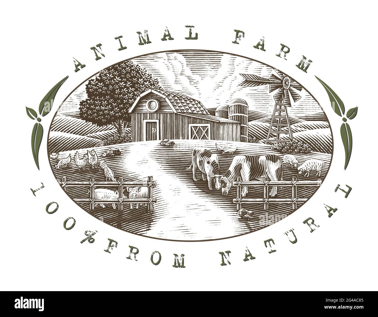 Paesaggio di animali fattoria logo disegnare a mano vintage incisione stile bianco e nero clip art isolato su sfondo bianco Illustrazione Vettoriale