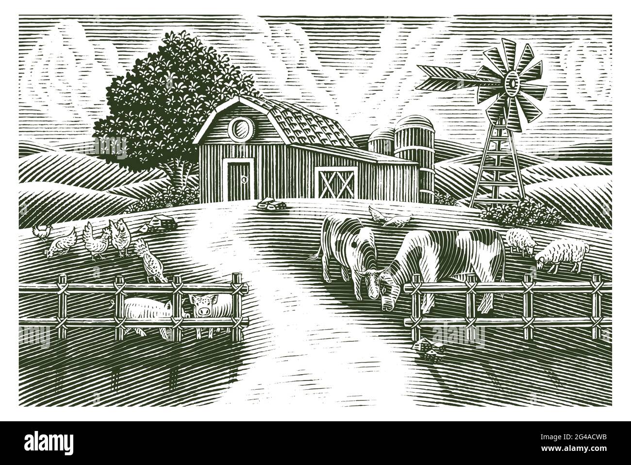 Paesaggio di fattoria animale mano disegnare vintage incisione stile nero e bianco clip art isolato su sfondo bianco Illustrazione Vettoriale