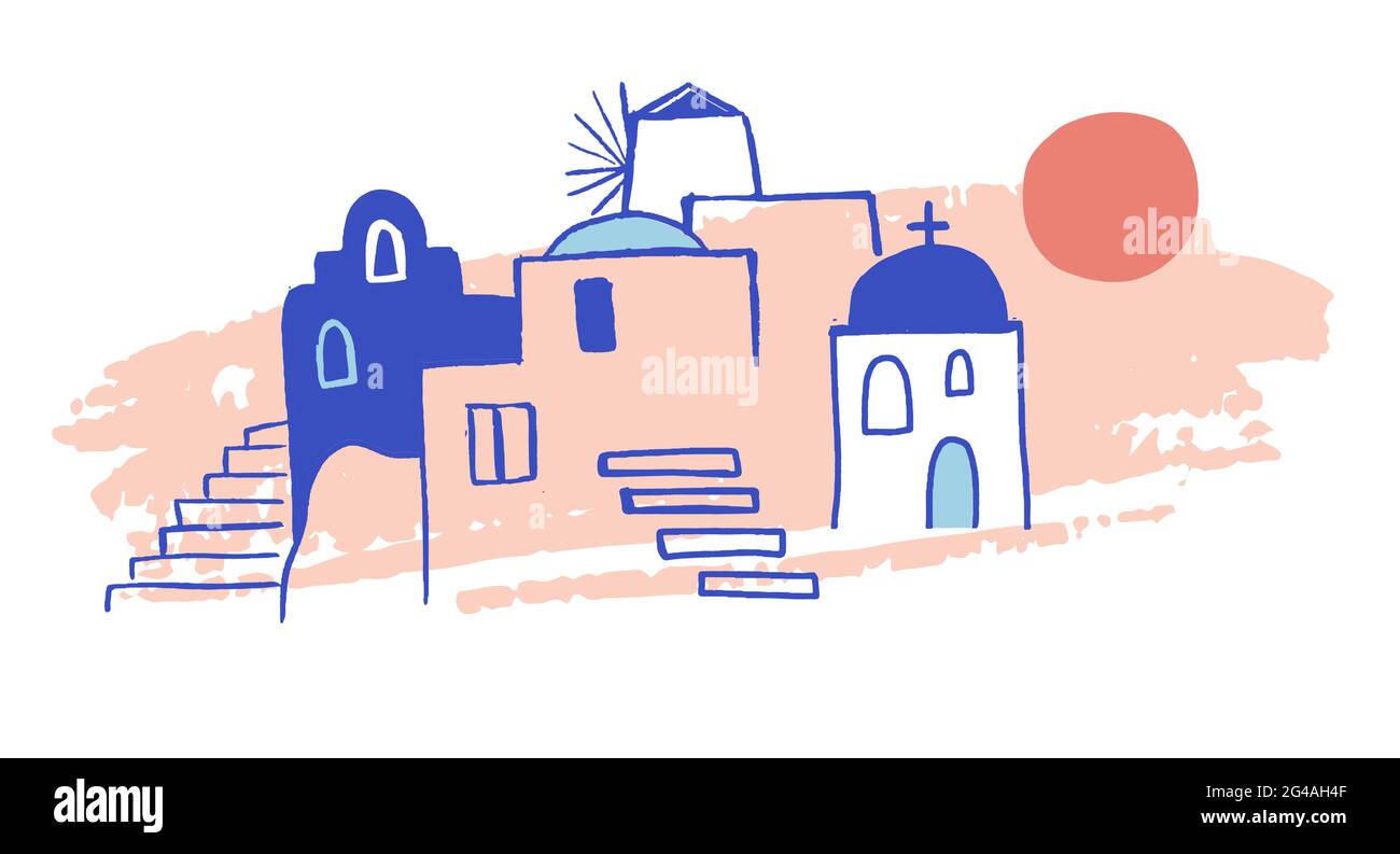 Grecia illustrazione disegnata a mano. Le strade della città vecchia di Santorini, le case tradizionali e famose e le chiese con cupole blu Illustrazione Vettoriale