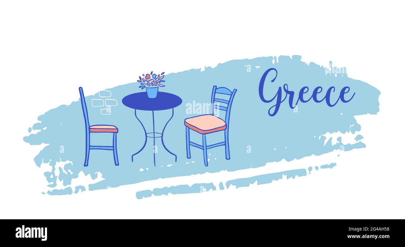 Grecia illustrazione disegnata a mano. Le strade della città vecchia di Santorini, le case tradizionali e famose e le chiese con cupole blu Illustrazione Vettoriale