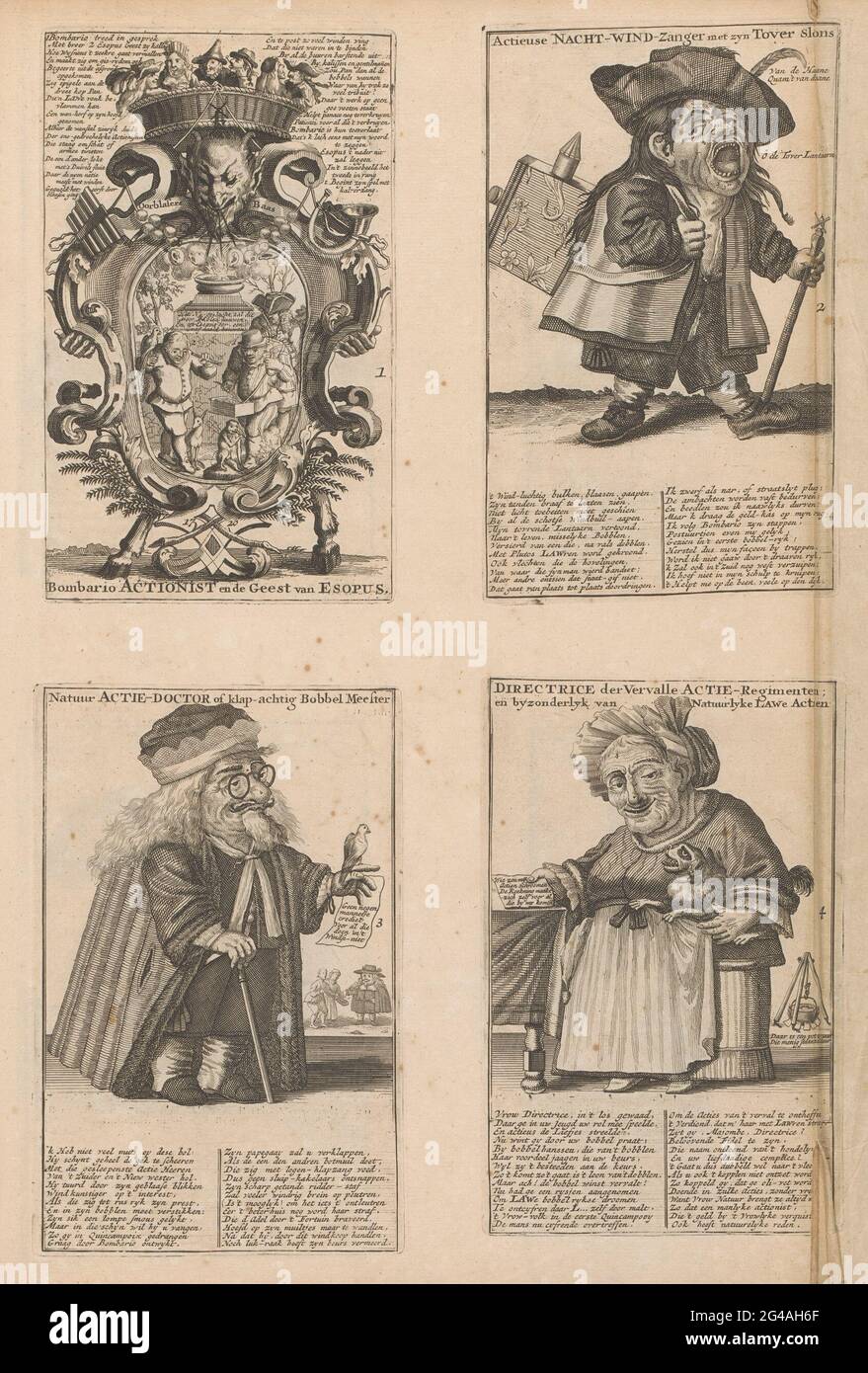 Foglio con caricature di nani nel commercio del vento, 1720; attore di Bombario e lo spirito di Esopus / Actionuse cantante-notturno con il suo slon magico / natura azione-dottore o blow-up bobber master / direttore di regimi d'azione contraffatti; e splendidamente Lawy Lawy Lawy; la grande scena di follia. Foglie con caricature di nani nel commercio del vento. Quattro piastre separate numerate 1-4 stampate su un foglio. Piatto 1: Emblema con Bombario in una cornice con il diavolo e zampe di capra, assegnato un cesto pieno di stolti. Piatto 2: Un nano come guardiano notturno con una lanterna magica sulla schiena. PLA Foto Stock