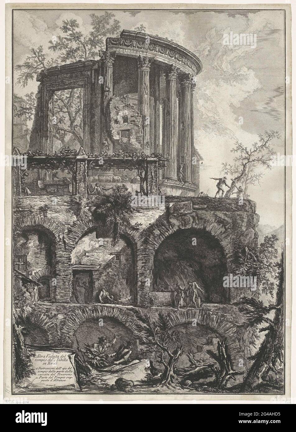 Tempio di Vesta a Tivoli; Altra Veduta del Tempio della Sibilla a Tivoli; volti a Roma; vedute di Roma Disegnate ed incise da Giambattista Piranesi Architetto ve (Nez) Iano. Vista dei resti del Tempio di Vesta a Tivoli (chiamato Tempio Sibille). Titolo e numeri esplicativi in basso a sinistra. Foto Stock