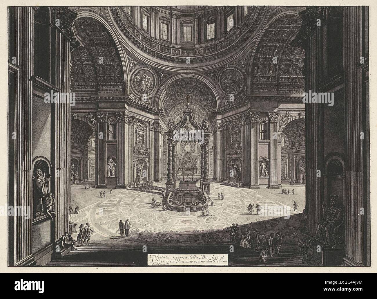 Transetto della Sint-Pietersbasiliek nella Città del Vaticano; Veduta interna della Basilica di S. Pietro in Vaticano Vicino alla Tribuna; volti a Roma; Vedute di Roma Disegnate ed incise da Giambattista Piranesi Architetto ve (Nez) Iano. Faccia nel transetto del Sint-Pietersbasiliek nella Città del Vaticano. Centrale al TRANSETTO dell'equilibrio del Bernini (Baldacchino di San Pietro) sopra la tomba di Petrus. Titolo al centro del piano in basso. Foto Stock