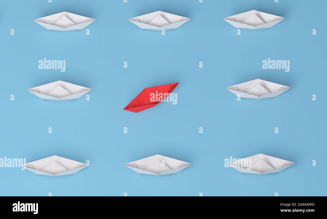 Cambia i concetti con la carta rossa che porta tra bianco su sfondo blu. Pensare in modo diverso. rendering 3d. Foto Stock