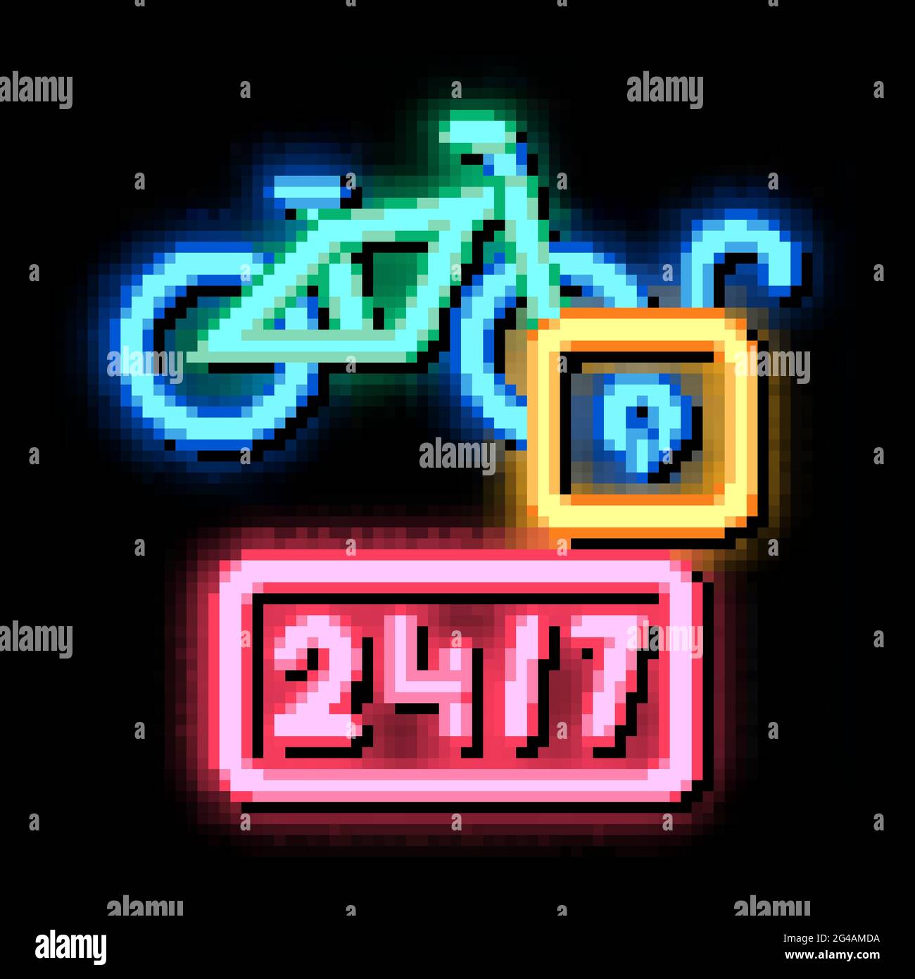 servizio di condivisione bici 24 ore su 24, illustrazione dell'icona al neon glow Illustrazione Vettoriale