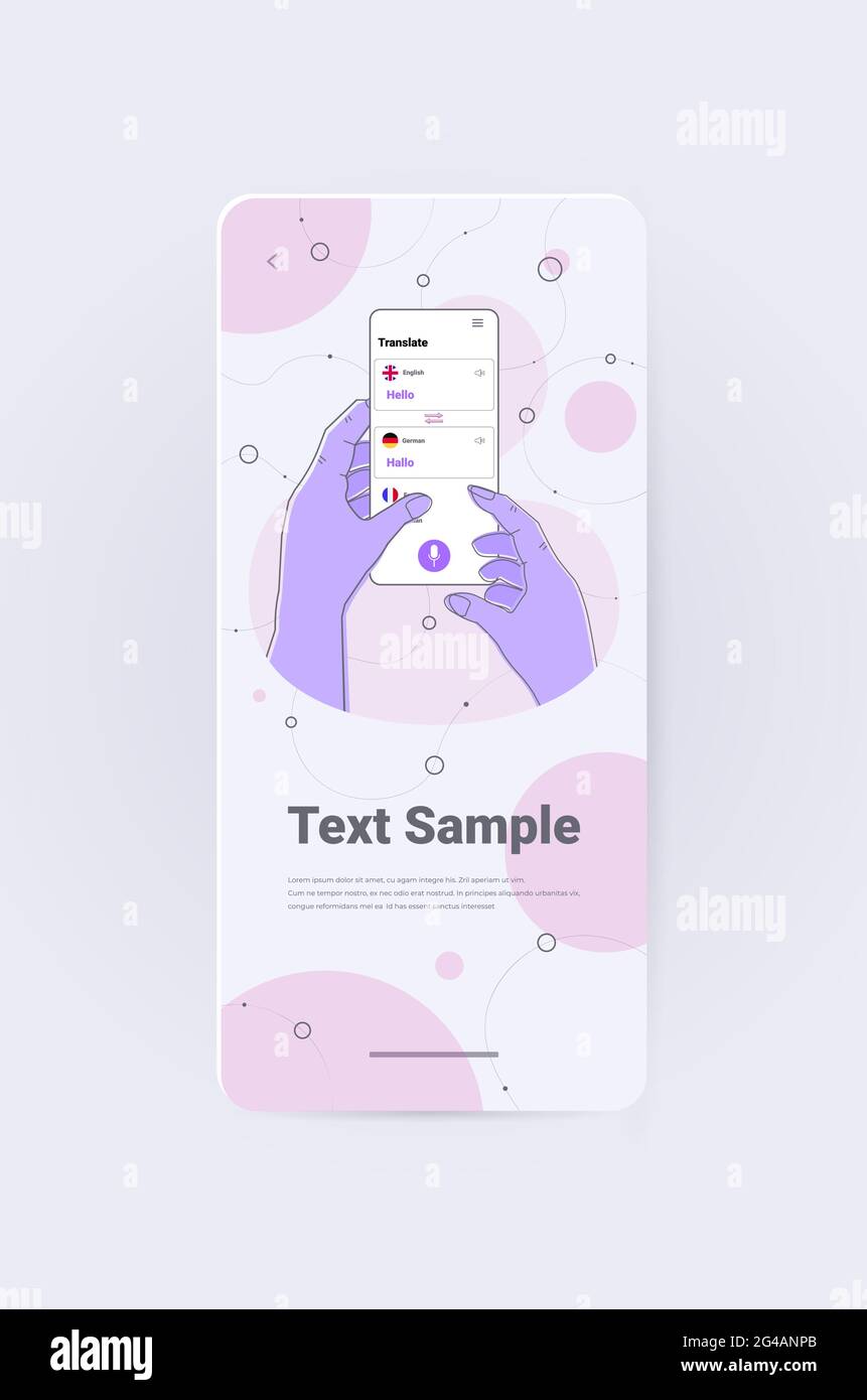 utilizzo manuale di un'applicazione di traduzione mobile saluto multilingue comunicazione internazionale dizionario online Illustrazione Vettoriale