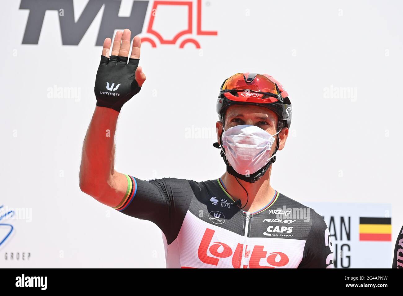 Il belga Philippe Gilbert di Lotto Soudal ha raffigurato all'inizio della gara d'élite maschile ai campionati belgi di ciclismo, una gara di 220,2 km a Waregem Foto Stock